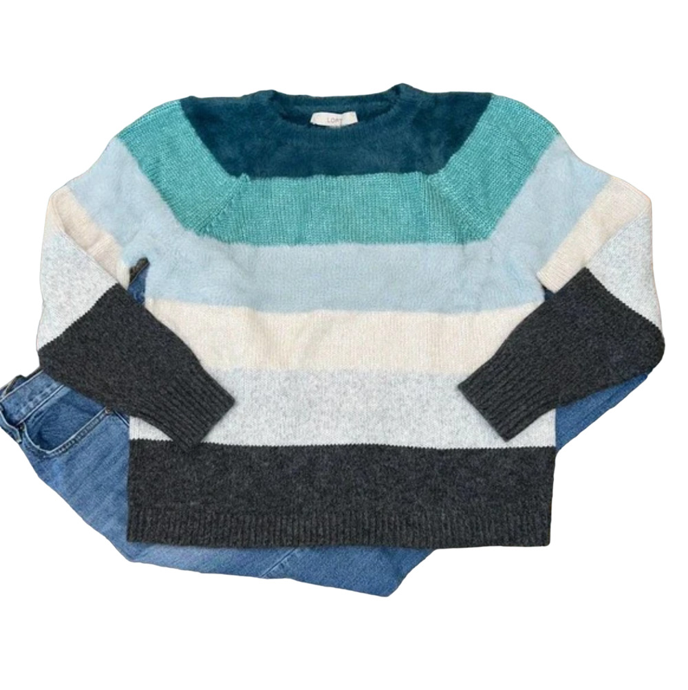**NWT LOFT Blue/Teal/Green Multi Striped Relaxed Fit Cozy Soft Sweater